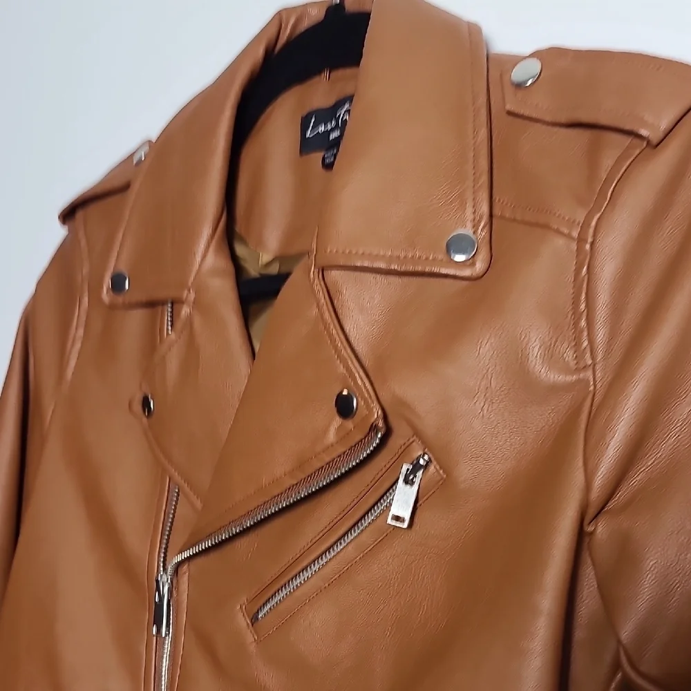 LOVE TREE Tan Vegan Leather Moto Jacket Brown Zip Up Size Small - Picture 8 of 16